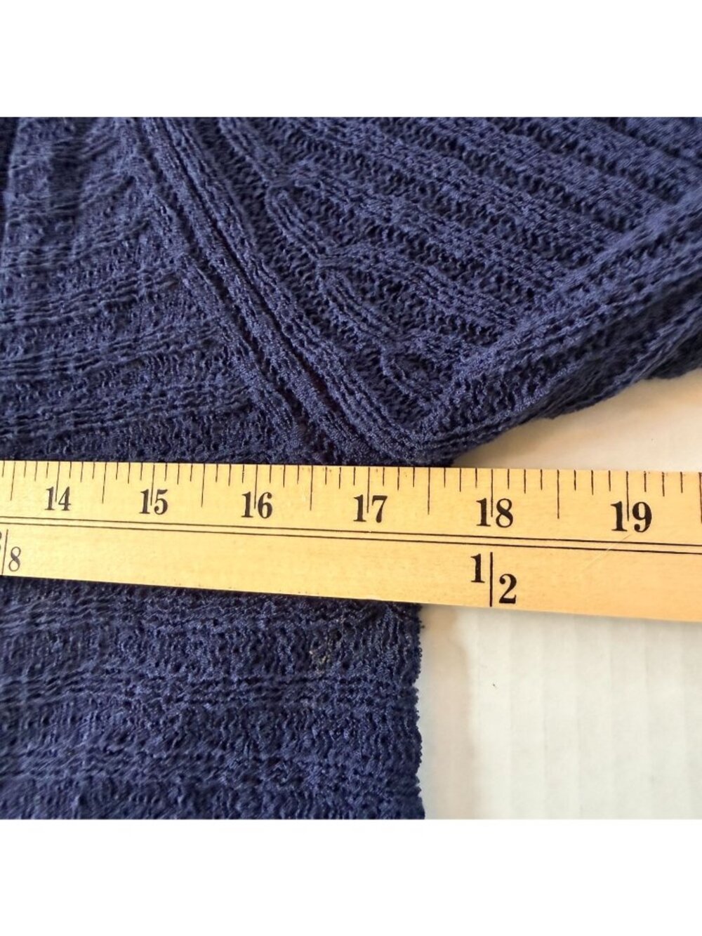 Navy Blue Open Front Knit Cardigan S Shawl Collar Crochet Back Boho Romantic - Picture 6 of 8
